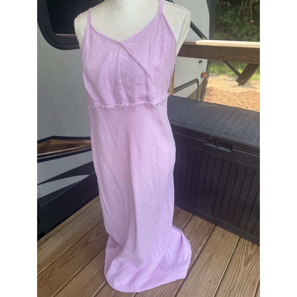 Vintage Kiko 100% Linen Pink Maxi Dress With Fringe Bottom Empire Waist Large